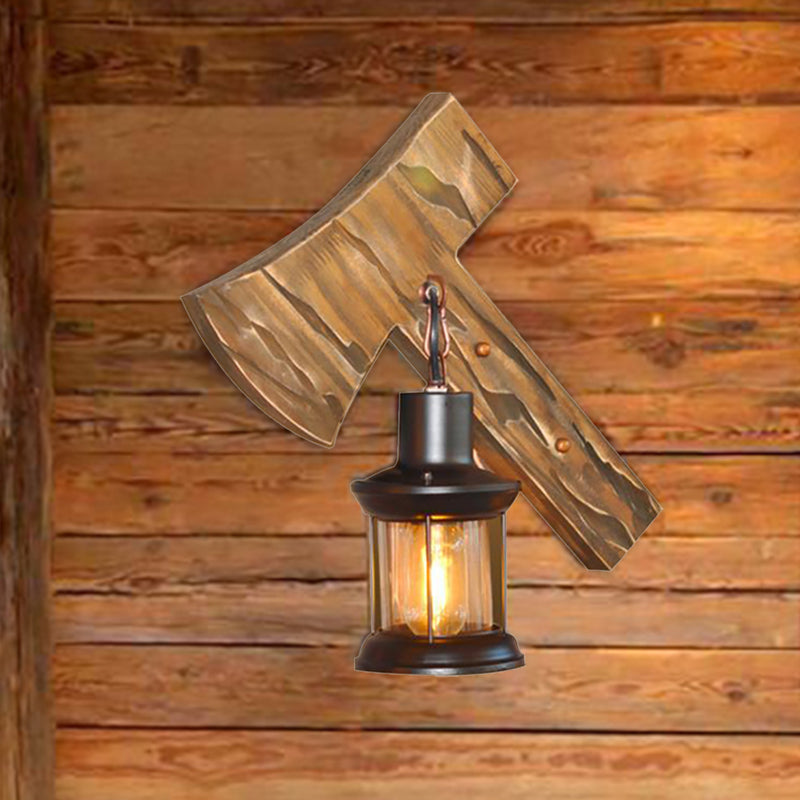 Avtoit | Lantern Indoor Wall Lighting Rustic Style Clear Glass 1 Light Black Wall Lamp with Wooden Backplate