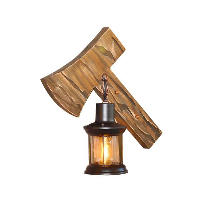 Avtoit | Lantern Indoor Wall Lighting Rustic Style Clear Glass 1 Light Black Wall Lamp with Wooden Backplate