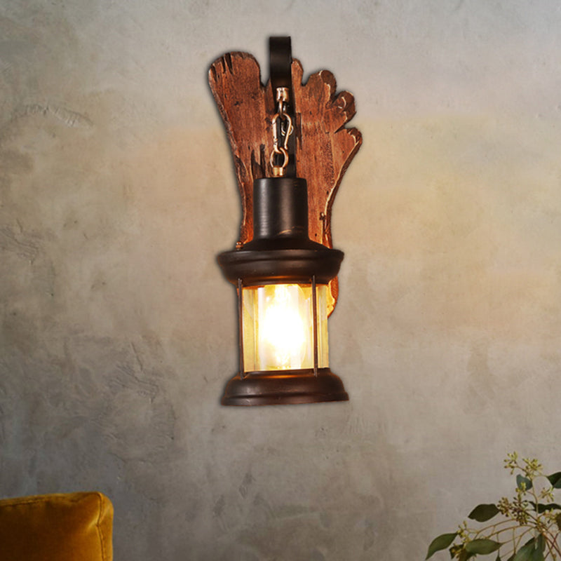 Avtoit | Kerosene Dining Room Wall Lamp Coastal Clear Glass 1 Light Black Wall Lamp Light Fixture with Wooden Base/Axe Backplate