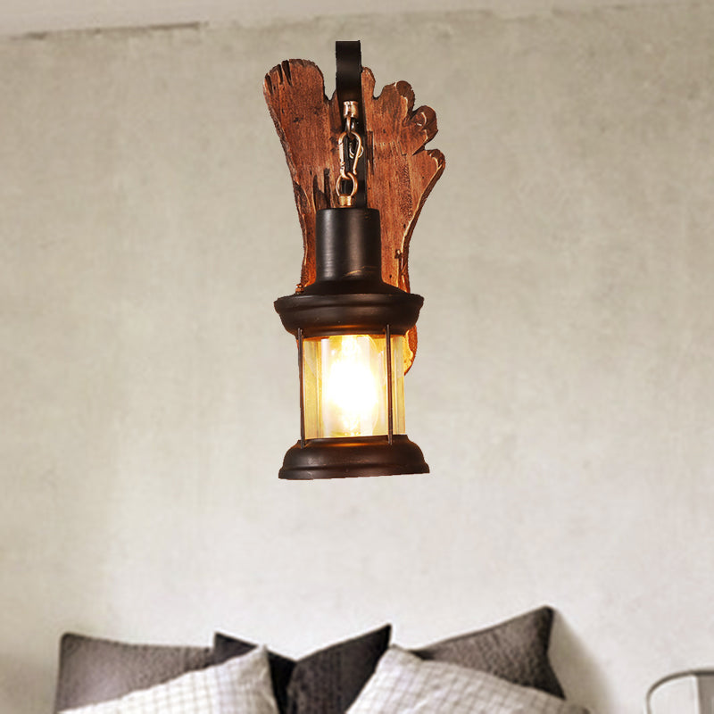 Avtoit | Kerosene Dining Room Wall Lamp Coastal Clear Glass 1 Light Black Wall Lamp Light Fixture with Wooden Base/Axe Backplate