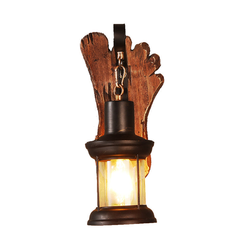 Avtoit | Kerosene Dining Room Wall Lamp Coastal Clear Glass 1 Light Black Wall Lamp Light Fixture with Wooden Base/Axe Backplate