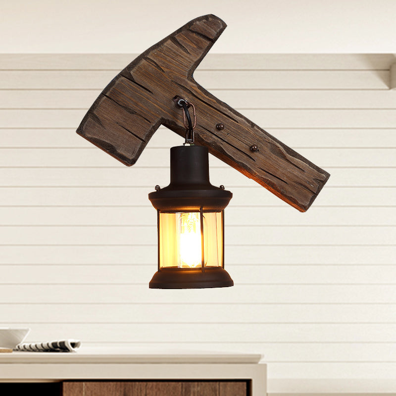 Avtoit | Kerosene Dining Room Wall Lamp Coastal Clear Glass 1 Light Black Wall Lamp Light Fixture with Wooden Base/Axe Backplate