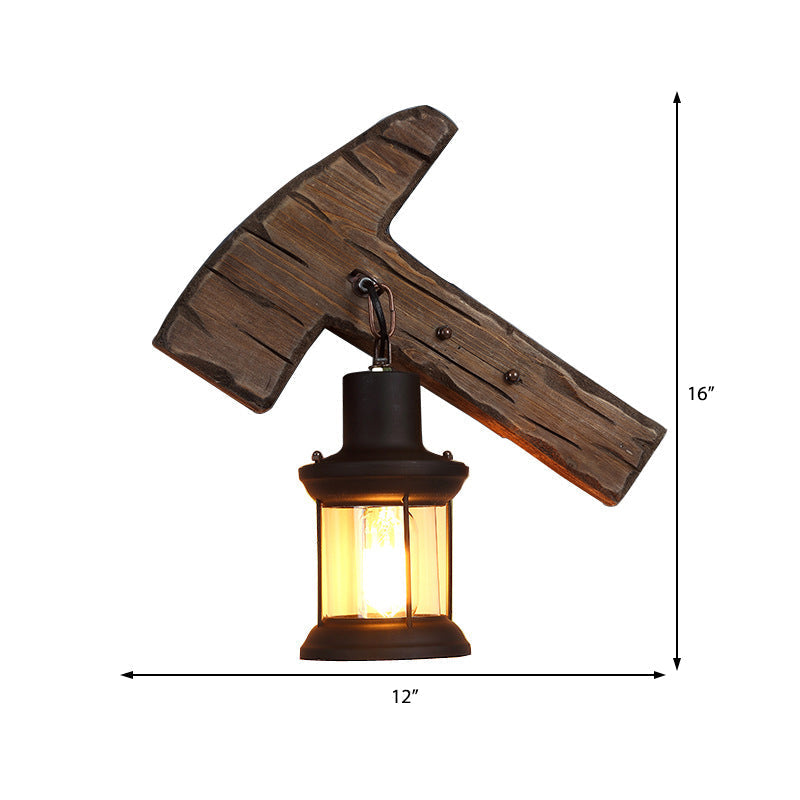 Avtoit | Kerosene Dining Room Wall Lamp Coastal Clear Glass 1 Light Black Wall Lamp Light Fixture with Wooden Base/Axe Backplate