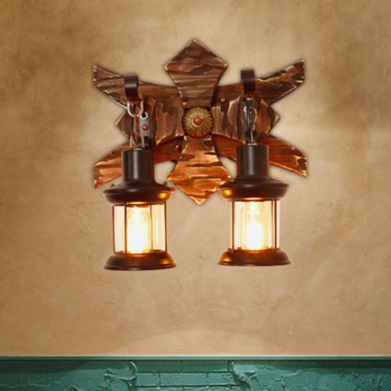 Avtoit | Black Candle/Lantern Wall Lighting Vintage Style Clear Glass/Marble 2-Light Indoor Wall Sconce with Wooden Back Plate