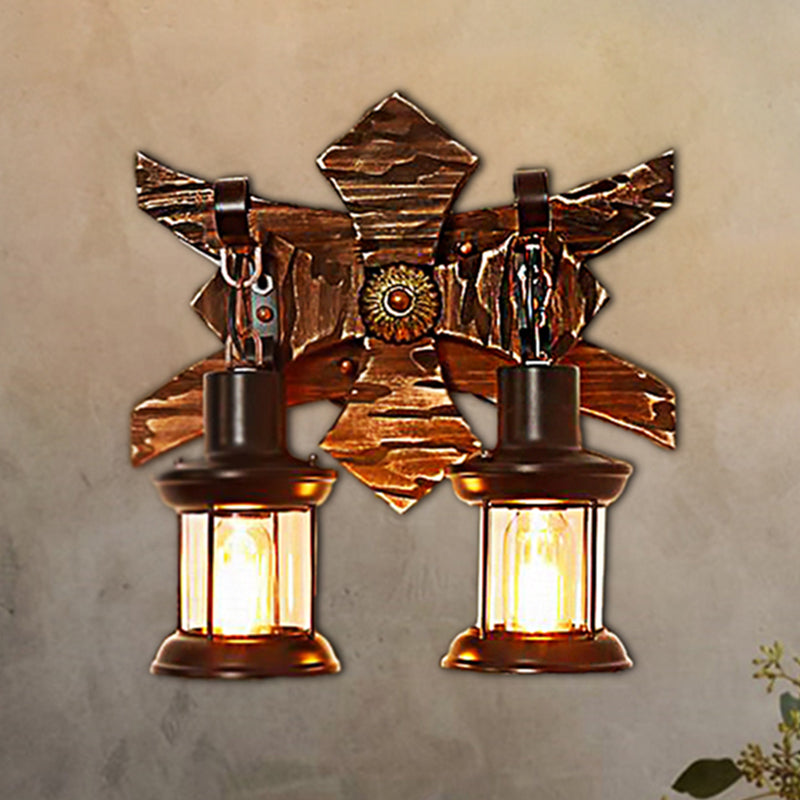 Avtoit | Black Candle/Lantern Wall Lighting Vintage Style Clear Glass/Marble 2-Light Indoor Wall Sconce with Wooden Back Plate
