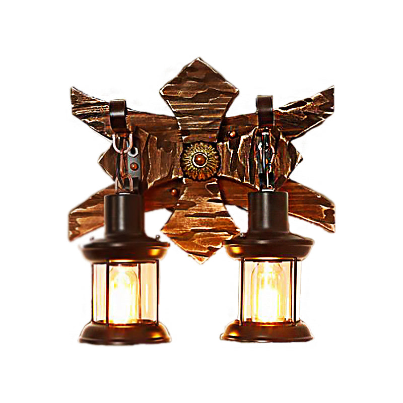 Avtoit | Black Candle/Lantern Wall Lighting Vintage Style Clear Glass/Marble 2-Light Indoor Wall Sconce with Wooden Back Plate