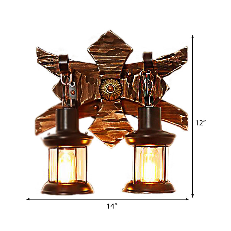 Avtoit | Black Candle/Lantern Wall Lighting Vintage Style Clear Glass/Marble 2-Light Indoor Wall Sconce with Wooden Back Plate