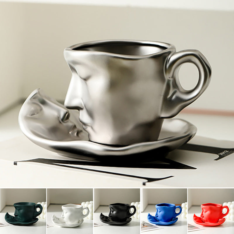 Avtoit | Metal Touching Face Creative Ceramic Kiss Coffee Cup, Artistic Vibe Mug & Saucer Set