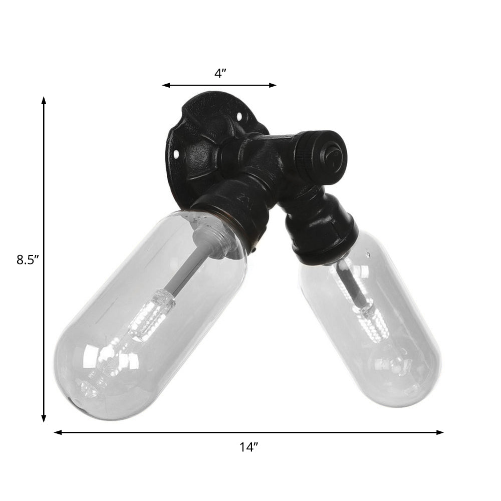 Avtoit | Capsule Shade Bedroom Wall Light Industrial Metal 2 Lights Black Wall Light with Pipe Design