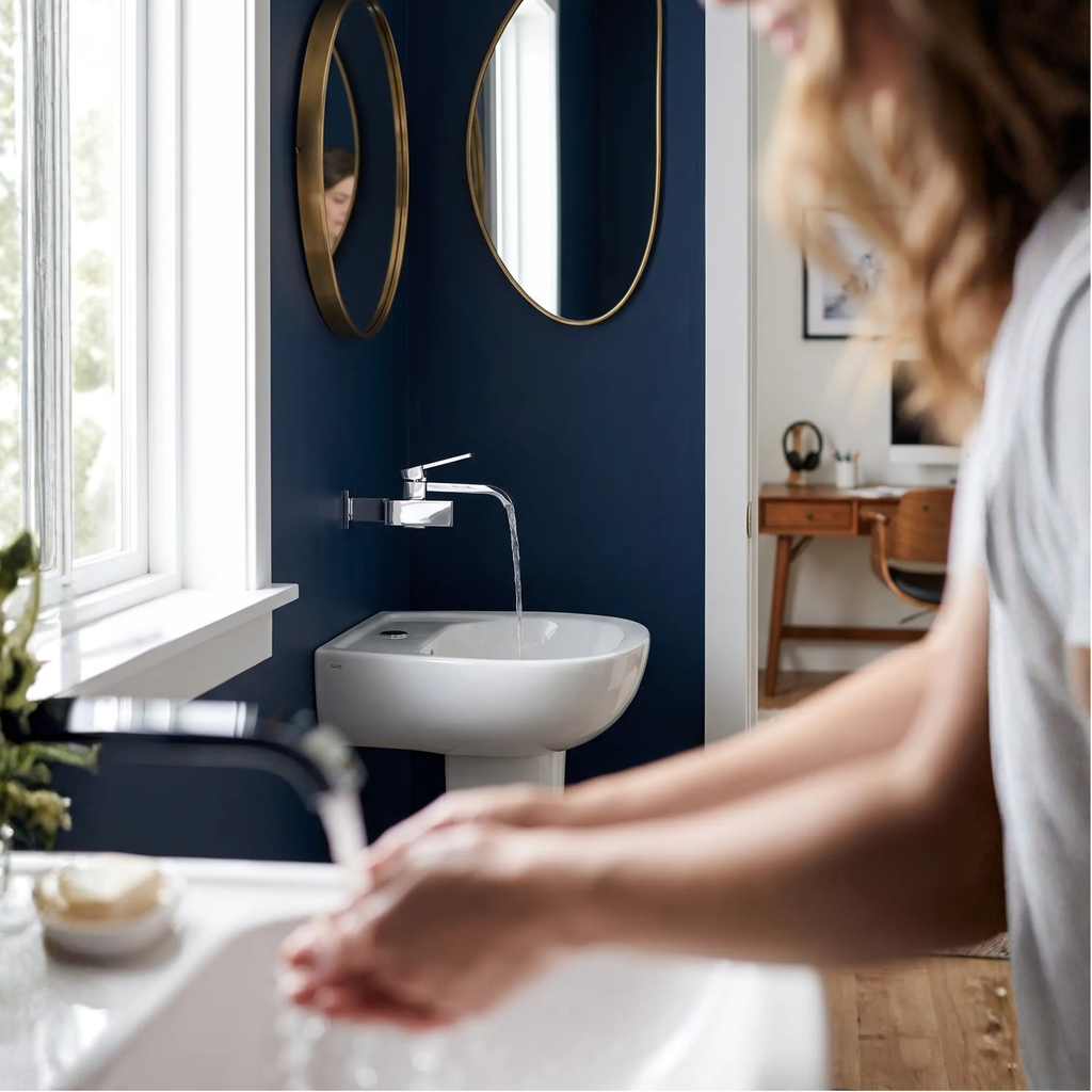 Avtoit | Contemporary Wall Mounted Bathroom Faucet Lever Handles Low Arc Swivel Brass Faucet