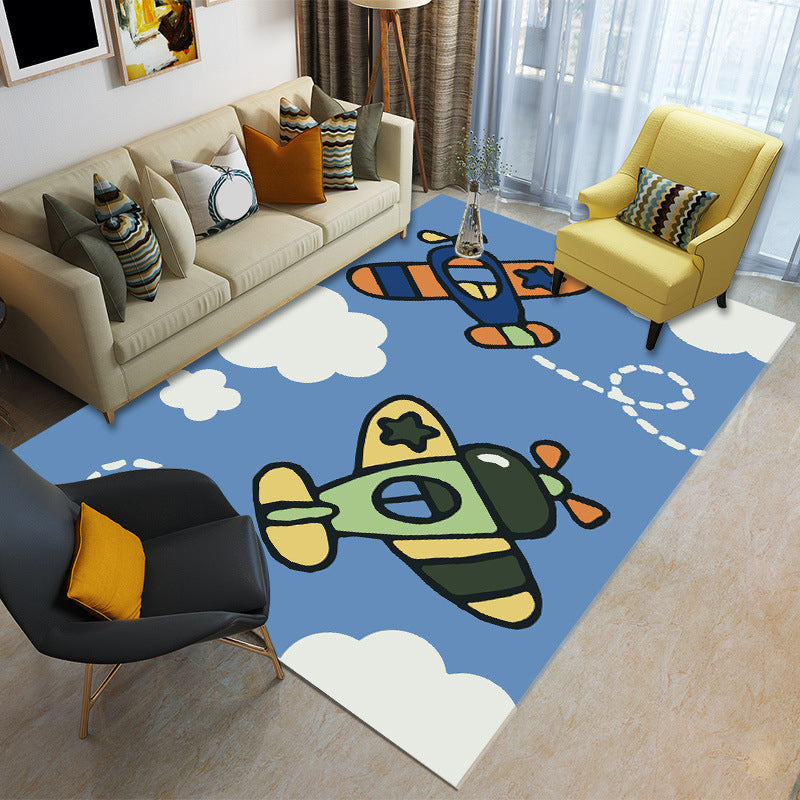 Avtoit | Cartoon Boys Bedroom Rug Multicolored Spaceship Pattern Rug Polyester Stain Resistant Non-Slip Back Pet Friendly Rug