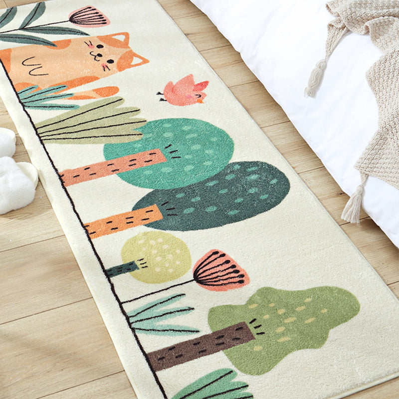 Avtoit | Green Children's Carpet Synthetic Cat in the Forest Pattern Carpet Pet Friendly Machine Washable Non-Slip Back Carpet for Bedroom