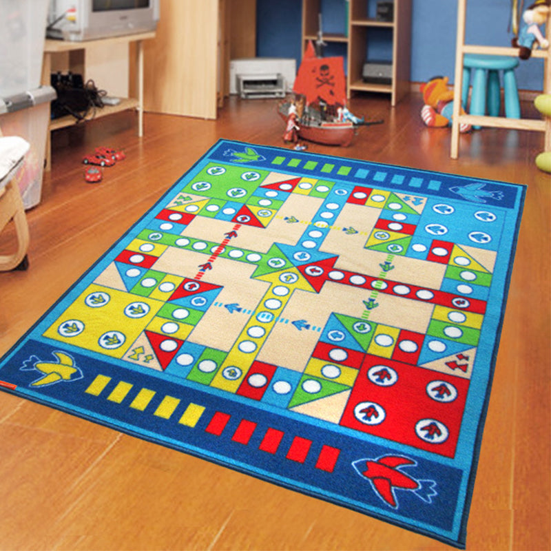 Avtoit | Playable Child Rug blue Airplane Chess Game Rug Non-Slip Backing Pet Friendly Stain Resistant Carpet for Preschool