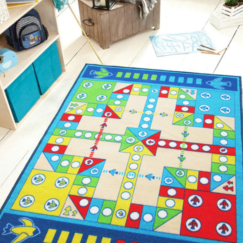 Avtoit | Playable Child Rug blue Airplane Chess Game Rug Non-Slip Backing Pet Friendly Stain Resistant Carpet for Preschool