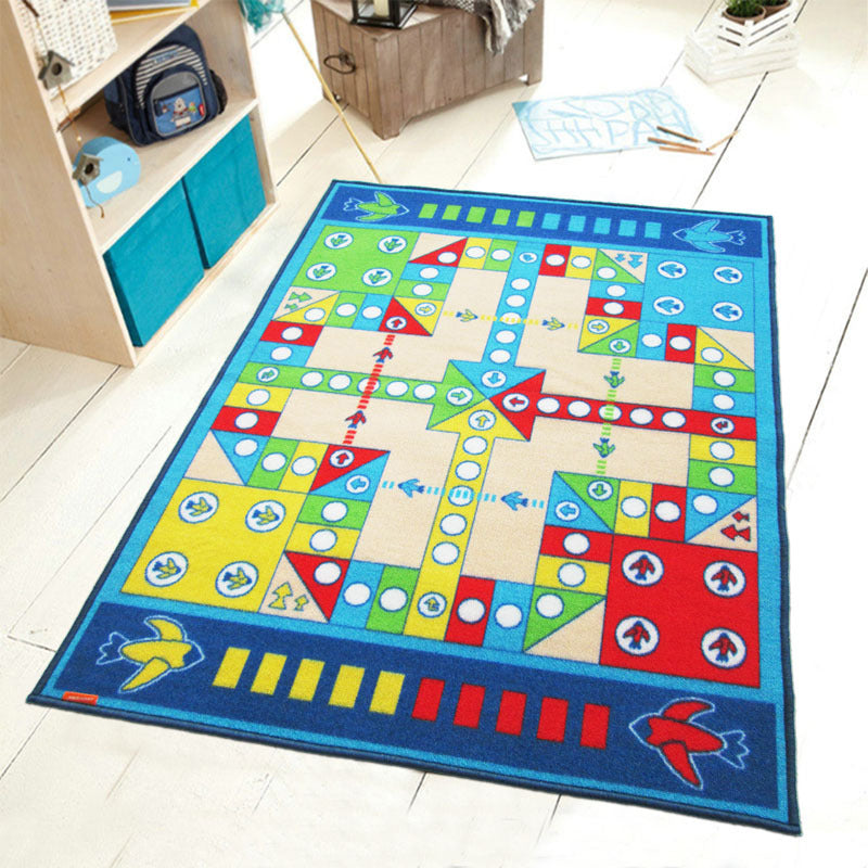 Avtoit | Playable Child Rug blue Airplane Chess Game Rug Non-Slip Backing Pet Friendly Stain Resistant Carpet for Preschool