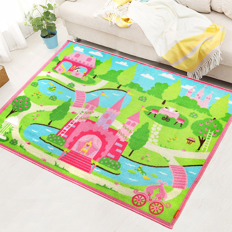Avtoit | Shady Castle Landscape Print Carpet Pink Cartoon Area Rug Synthetic Stain Resistant Non-Slip Back Washable Rug for Children's Room