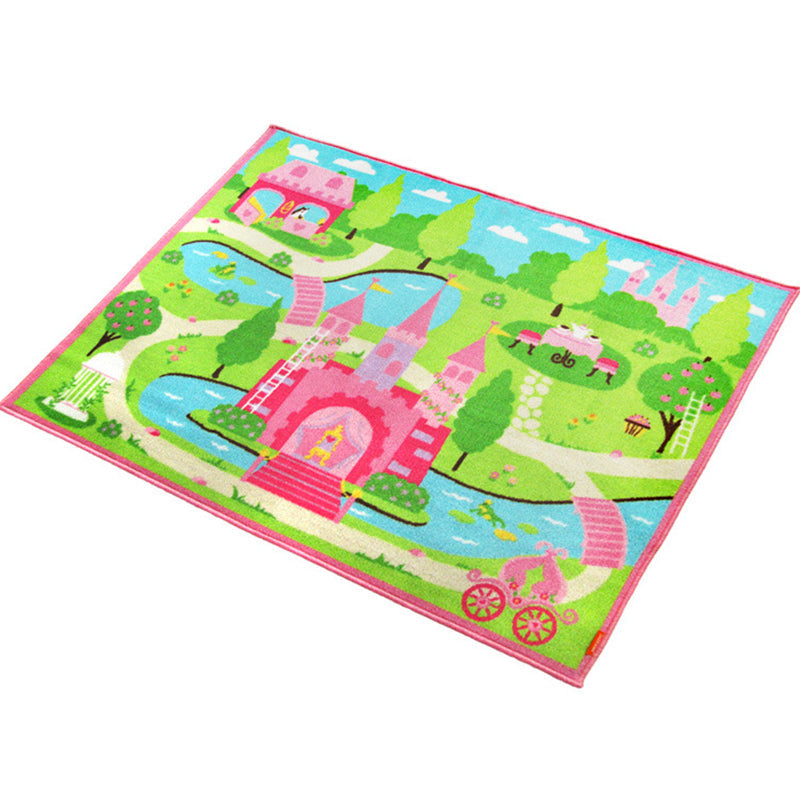 Avtoit | Shady Castle Landscape Print Carpet Pink Cartoon Area Rug Synthetic Stain Resistant Non-Slip Back Washable Rug for Children's Room