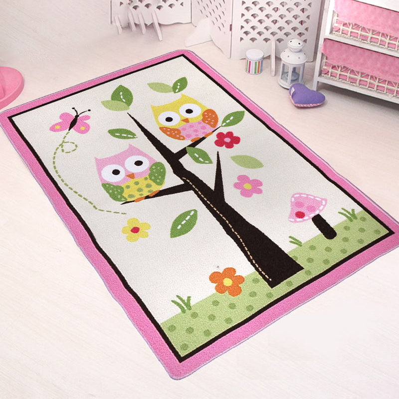 Avtoit | Pink Owl Drawing Print Carpet Polyester Cartoon Carpet Anti-Slip Bottom Machine Washable Pet Friendly Area Rug for Kids Room