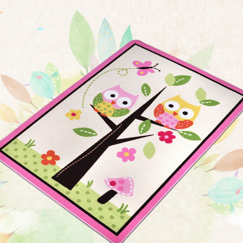 Avtoit | Pink Owl Drawing Print Carpet Polyester Cartoon Carpet Anti-Slip Bottom Machine Washable Pet Friendly Area Rug for Kids Room