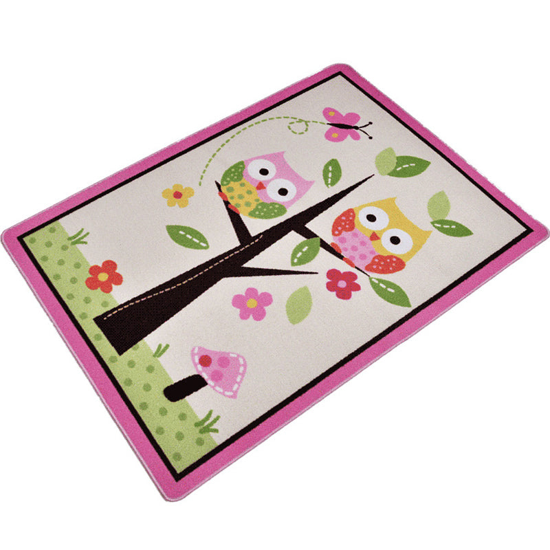 Avtoit | Pink Owl Drawing Print Carpet Polyester Cartoon Carpet Anti-Slip Bottom Machine Washable Pet Friendly Area Rug for Kids Room