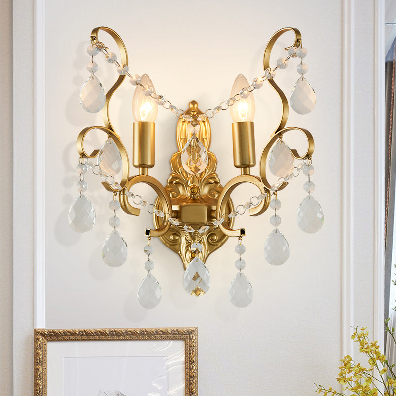 Avtoit | Brass Arch Arm Wall Mounted Light Modernism 1/2 Lights Metal Flush Mount Wall Light with Drop Crystal Decoration