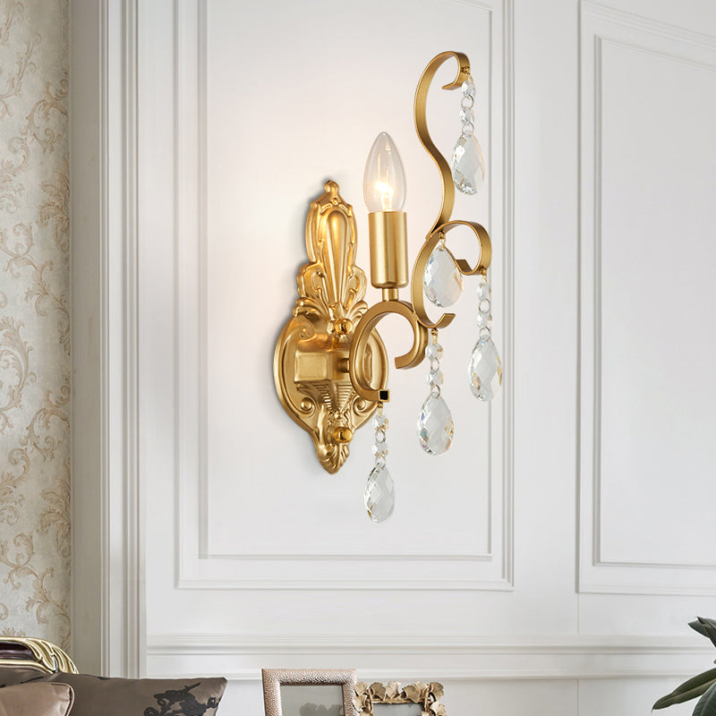 Avtoit | Brass Arch Arm Wall Mounted Light Modernism 1/2 Lights Metal Flush Mount Wall Light with Drop Crystal Decoration