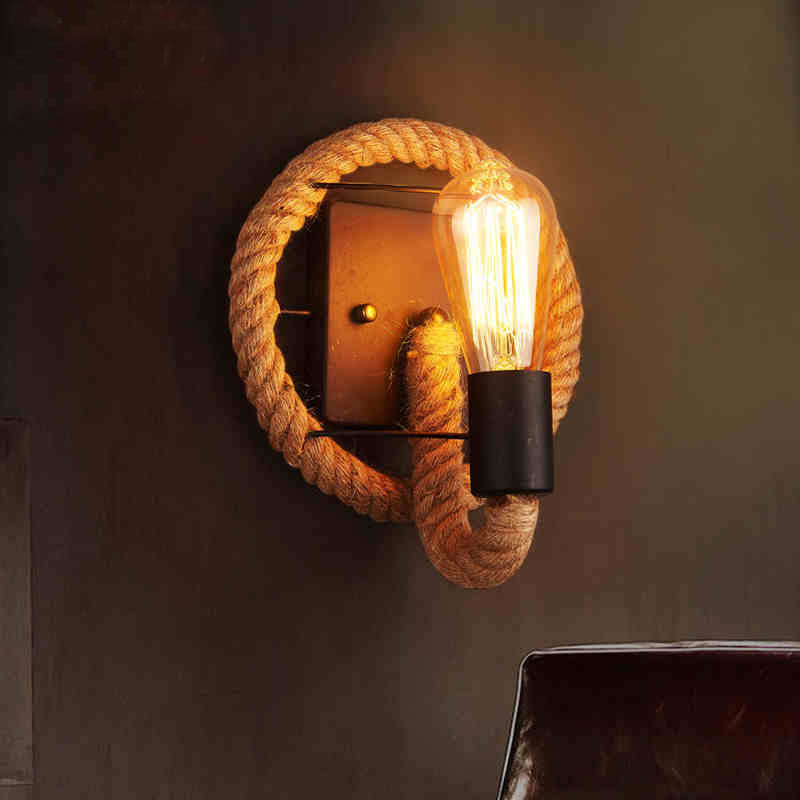 Avtoit | 1-Head Rope Wall Lamp Loft Style Black Finish Round/Oval Hall Metal Wall Mount Lighting with Exposed Bulb