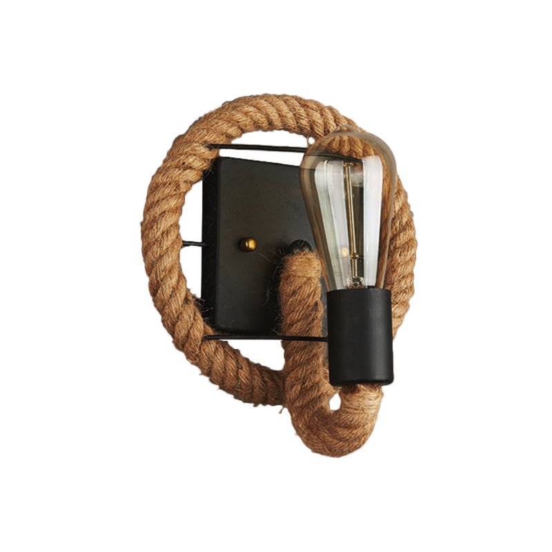 Avtoit | 1-Head Rope Wall Lamp Loft Style Black Finish Round/Oval Hall Metal Wall Mount Lighting with Exposed Bulb