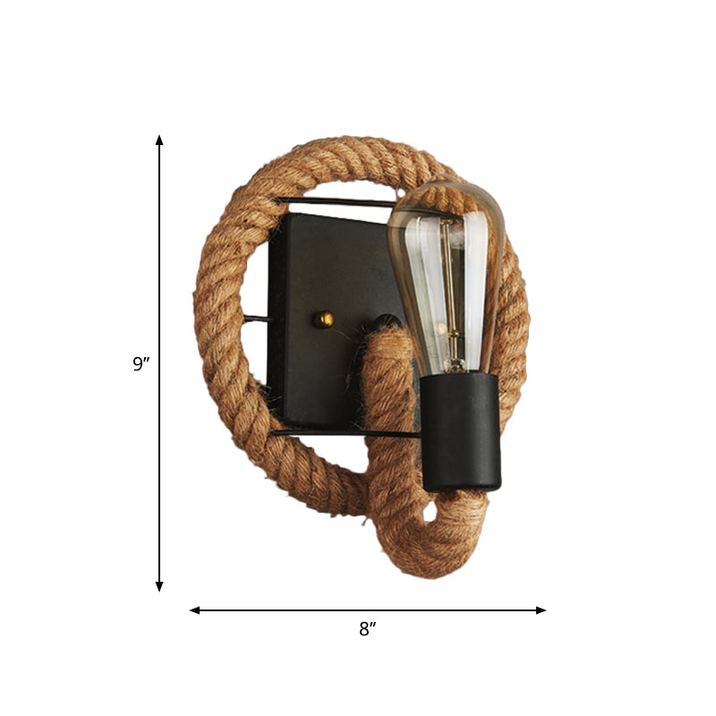 Avtoit | 1-Head Rope Wall Lamp Loft Style Black Finish Round/Oval Hall Metal Wall Mount Lighting with Exposed Bulb