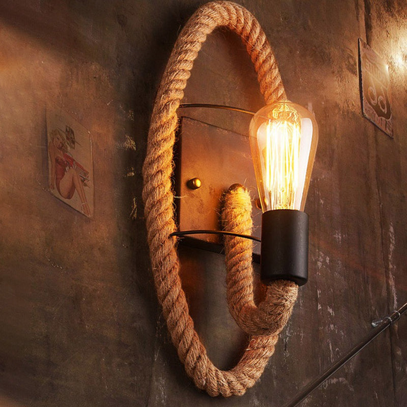 Avtoit | 1-Head Rope Wall Lamp Loft Style Black Finish Round/Oval Hall Metal Wall Mount Lighting with Exposed Bulb