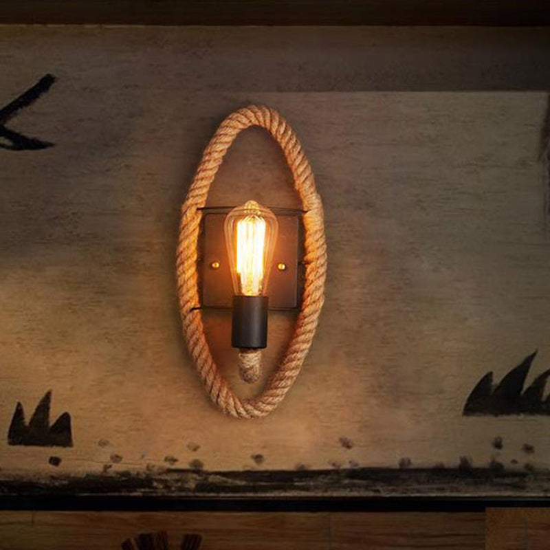 Avtoit | 1-Head Rope Wall Lamp Loft Style Black Finish Round/Oval Hall Metal Wall Mount Lighting with Exposed Bulb