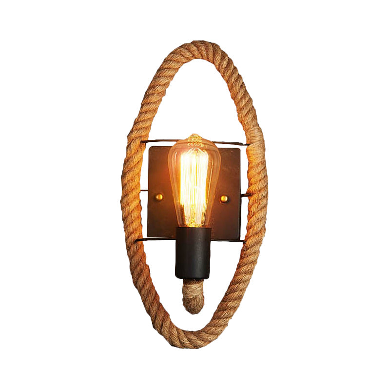 Avtoit | 1-Head Rope Wall Lamp Loft Style Black Finish Round/Oval Hall Metal Wall Mount Lighting with Exposed Bulb