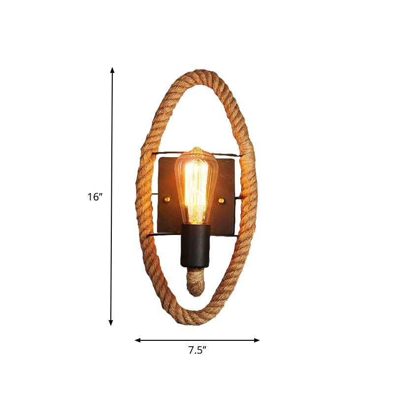 Avtoit | 1-Head Rope Wall Lamp Loft Style Black Finish Round/Oval Hall Metal Wall Mount Lighting with Exposed Bulb