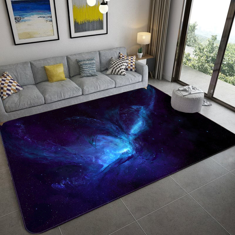 Avtoit | Mystical Galaxy 3D Graphic Rug Blue-Black Polypropylene Rug Non-Slip Underlay Washable Stain-Resistant Rug for Living Room