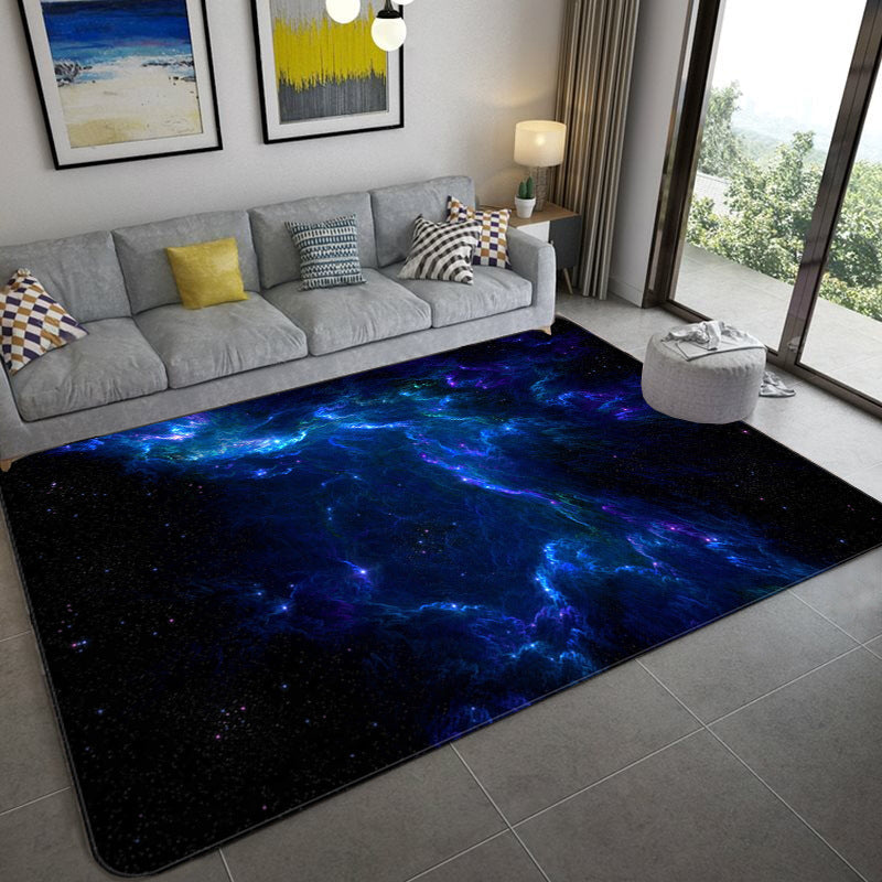 Avtoit | Mystical Galaxy 3D Graphic Rug Blue-Black Polypropylene Rug Non-Slip Underlay Washable Stain-Resistant Rug for Living Room