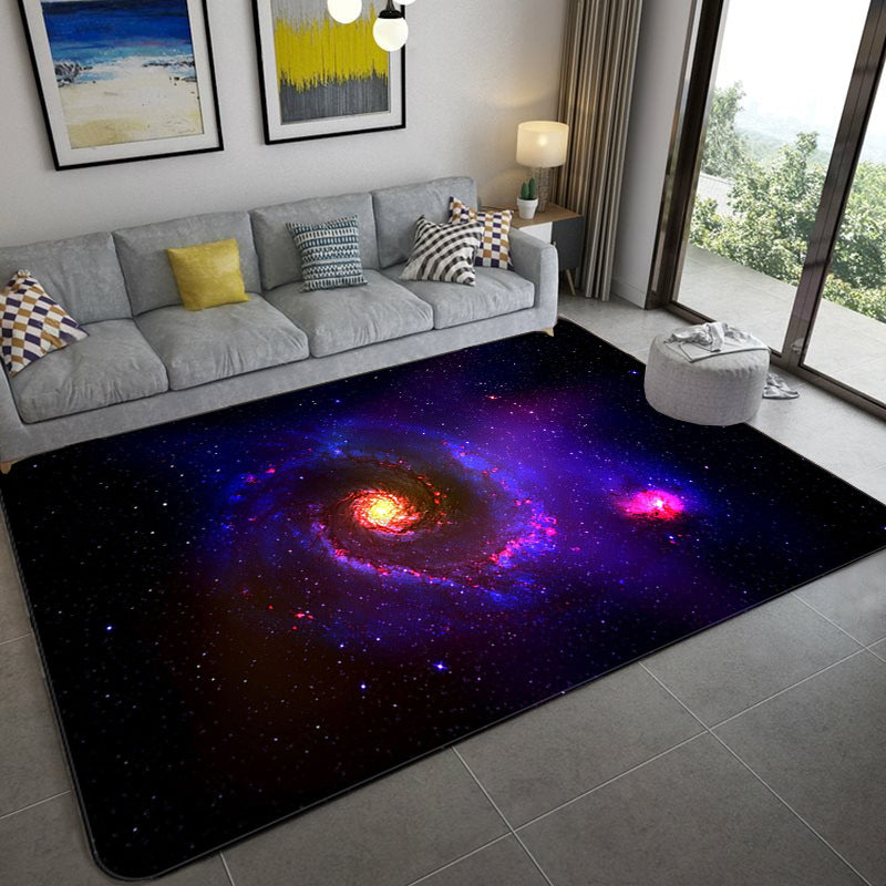 Avtoit | Mystical Galaxy 3D Graphic Rug Blue-Black Polypropylene Rug Non-Slip Underlay Washable Stain-Resistant Rug for Living Room