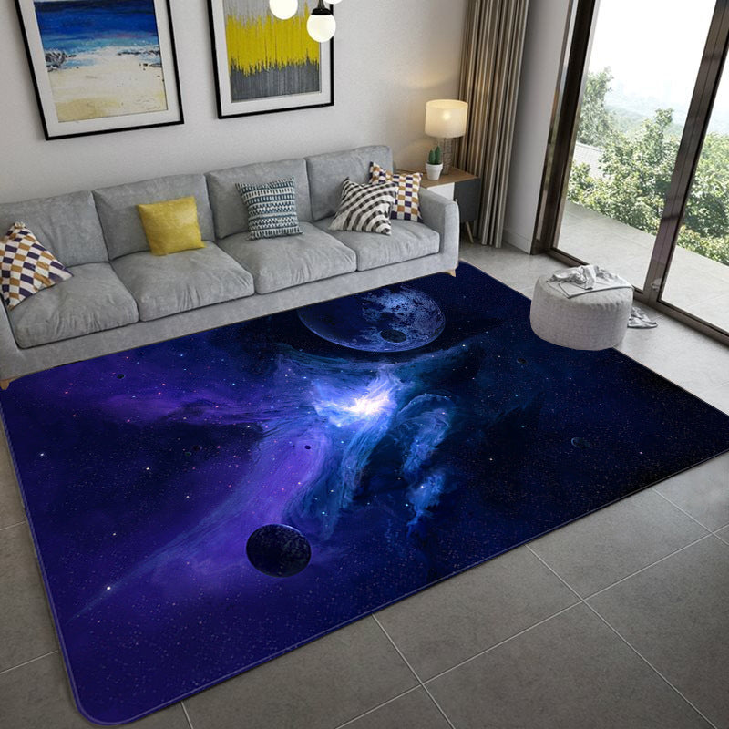 Avtoit | Mystical Galaxy 3D Graphic Rug Blue-Black Polypropylene Rug Non-Slip Underlay Washable Stain-Resistant Rug for Living Room