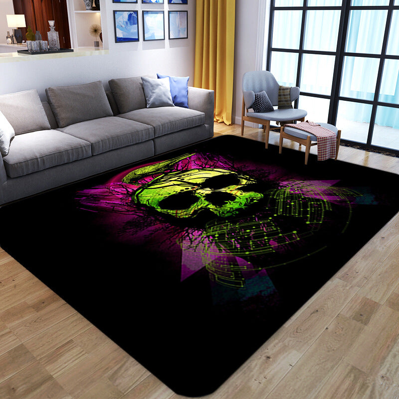 Avtoit | Punk Abstract Skull Print Rug Black Novelty Rug Synthetic Stain Resistant Machine Washable Non-Slip Back Rug for Living Room