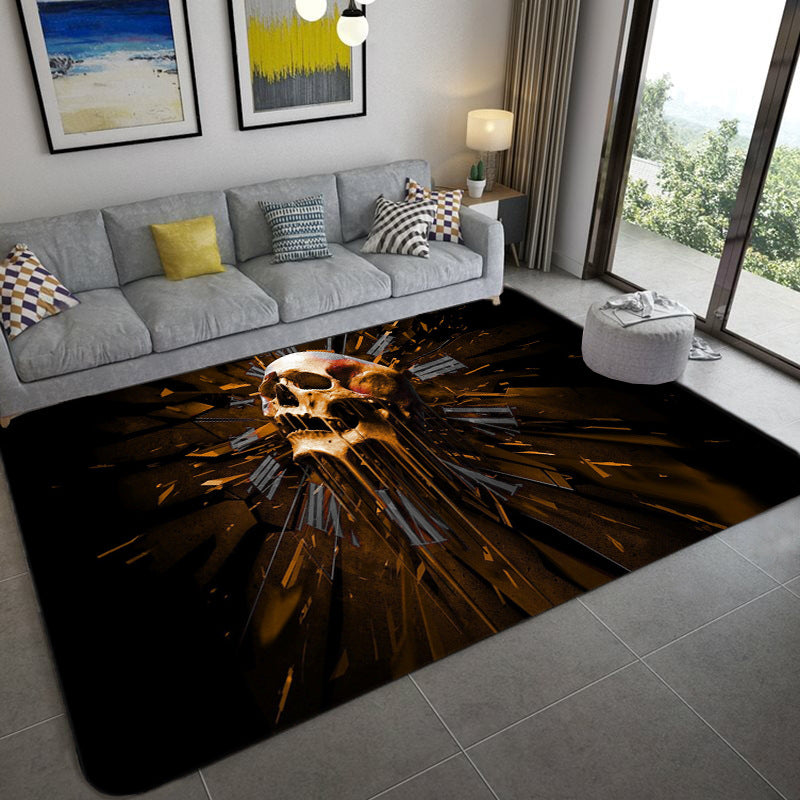 Avtoit | Hip Hop Living Room Rug Black Optical Illusions Skull Rug Polypropylene Stain Resistant Pet Friendly Non-Slip Back Area Rug