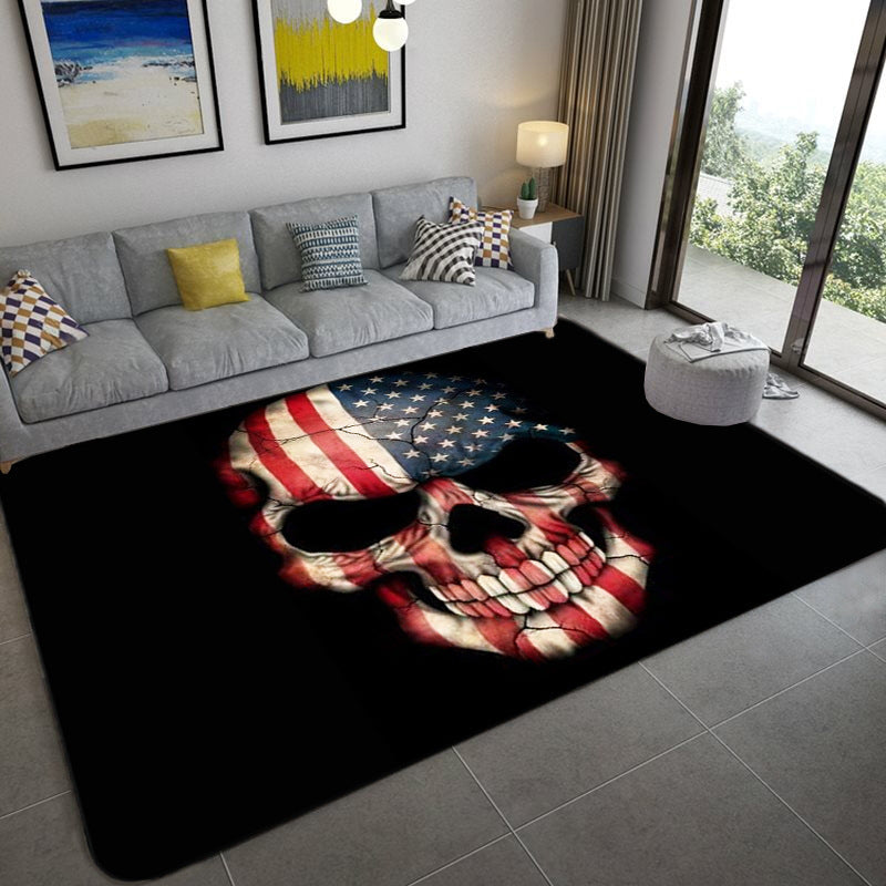 Avtoit | Hip Hop Living Room Rug Black Optical Illusions Skull Rug Polypropylene Stain Resistant Pet Friendly Non-Slip Back Area Rug