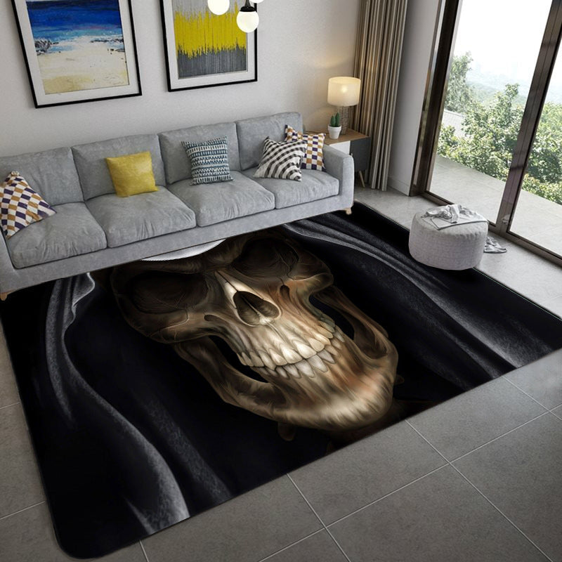 Avtoit | Hip Hop Living Room Rug Black Optical Illusions Skull Rug Polypropylene Stain Resistant Pet Friendly Non-Slip Back Area Rug