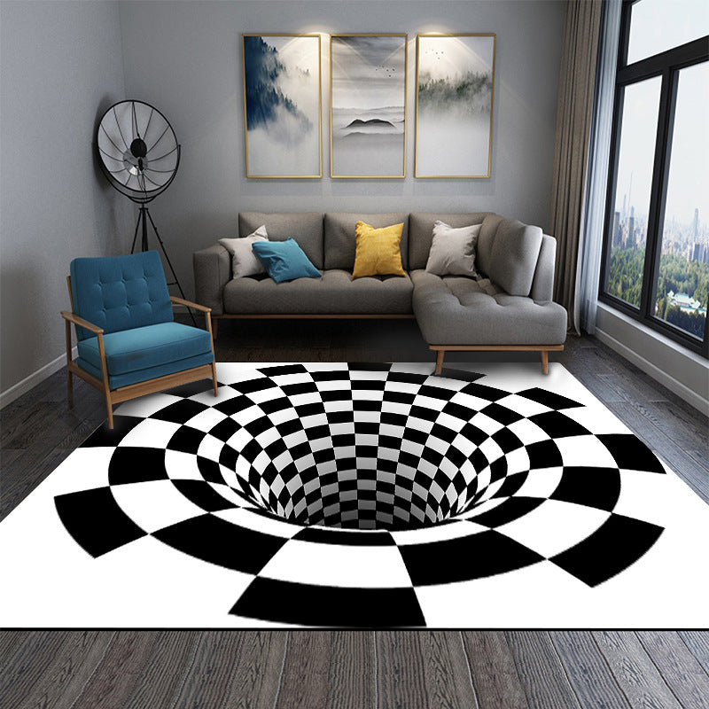 Avtoit | Interesting Novelty Dress Black-White 3D Illusion Checkered Fleece Stain-Resistant Pet-Friendly Anti-Slip Background Rug for Bedroom