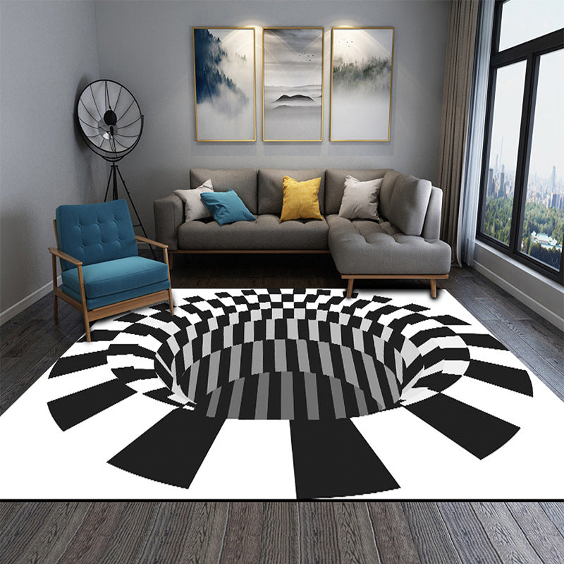 Avtoit | Interesting Novelty Dress Black-White 3D Illusion Checkered Fleece Stain-Resistant Pet-Friendly Anti-Slip Background Rug for Bedroom