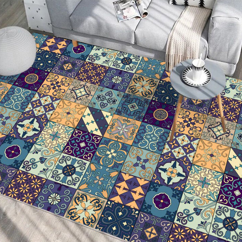 Avtoit | Moroccan Mosaic Print Carpet Multicolored Polyester Rug Non-Slip Back Washable Pet-Friendly Rug for Living Room