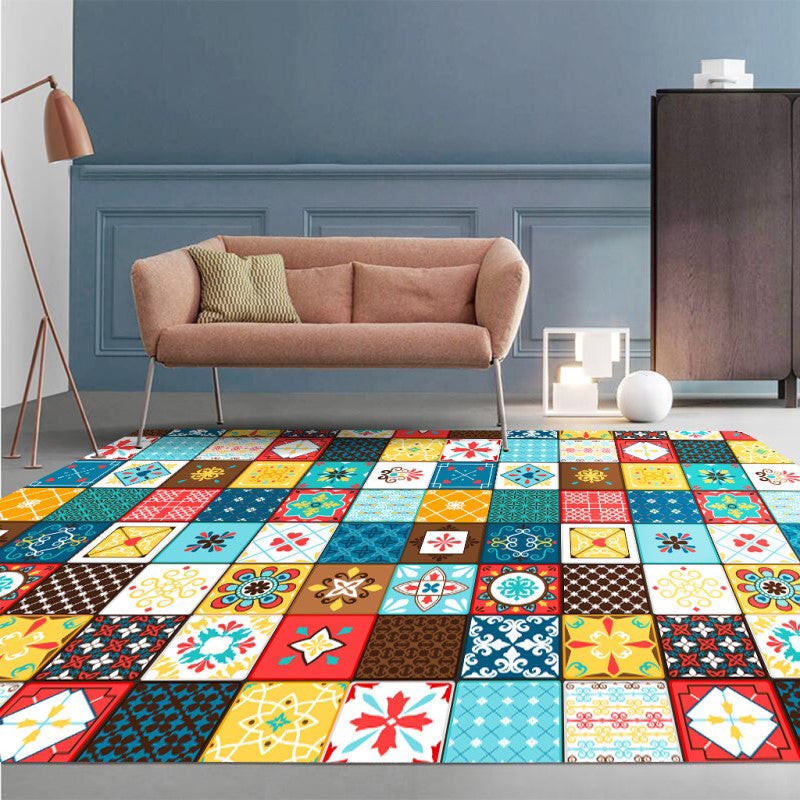 Avtoit | Moroccan Mosaic Print Carpet Multicolored Polyester Rug Non-Slip Back Washable Pet-Friendly Rug for Living Room