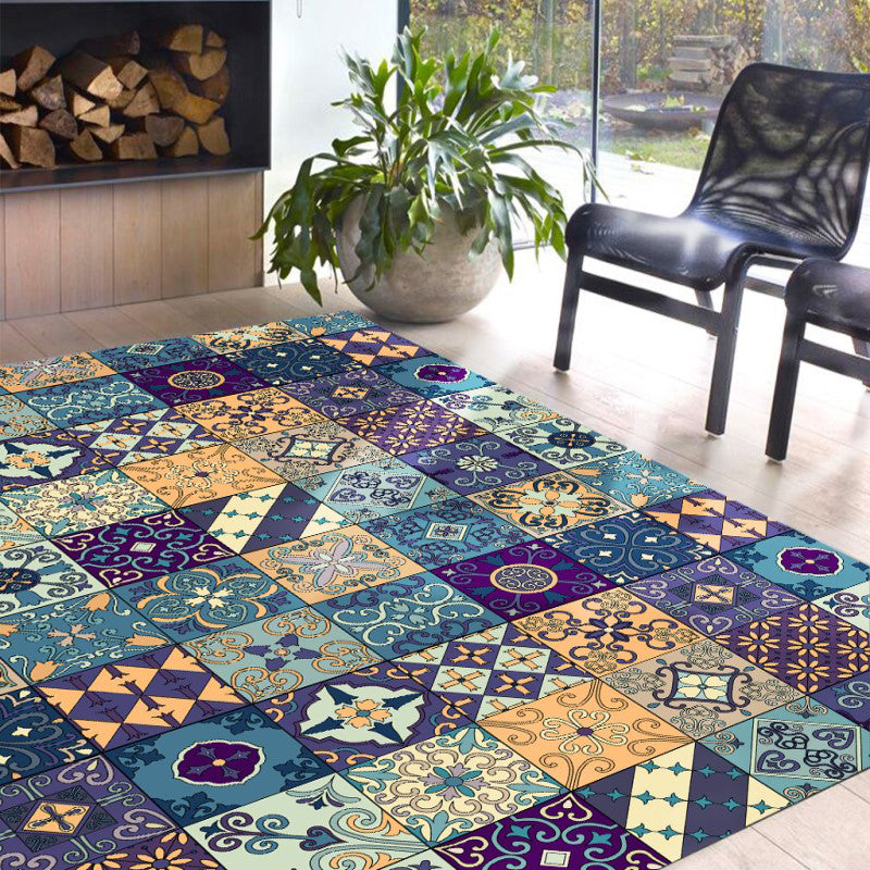 Avtoit | Moroccan Mosaic Print Carpet Multicolored Polyester Rug Non-Slip Back Washable Pet-Friendly Rug for Living Room