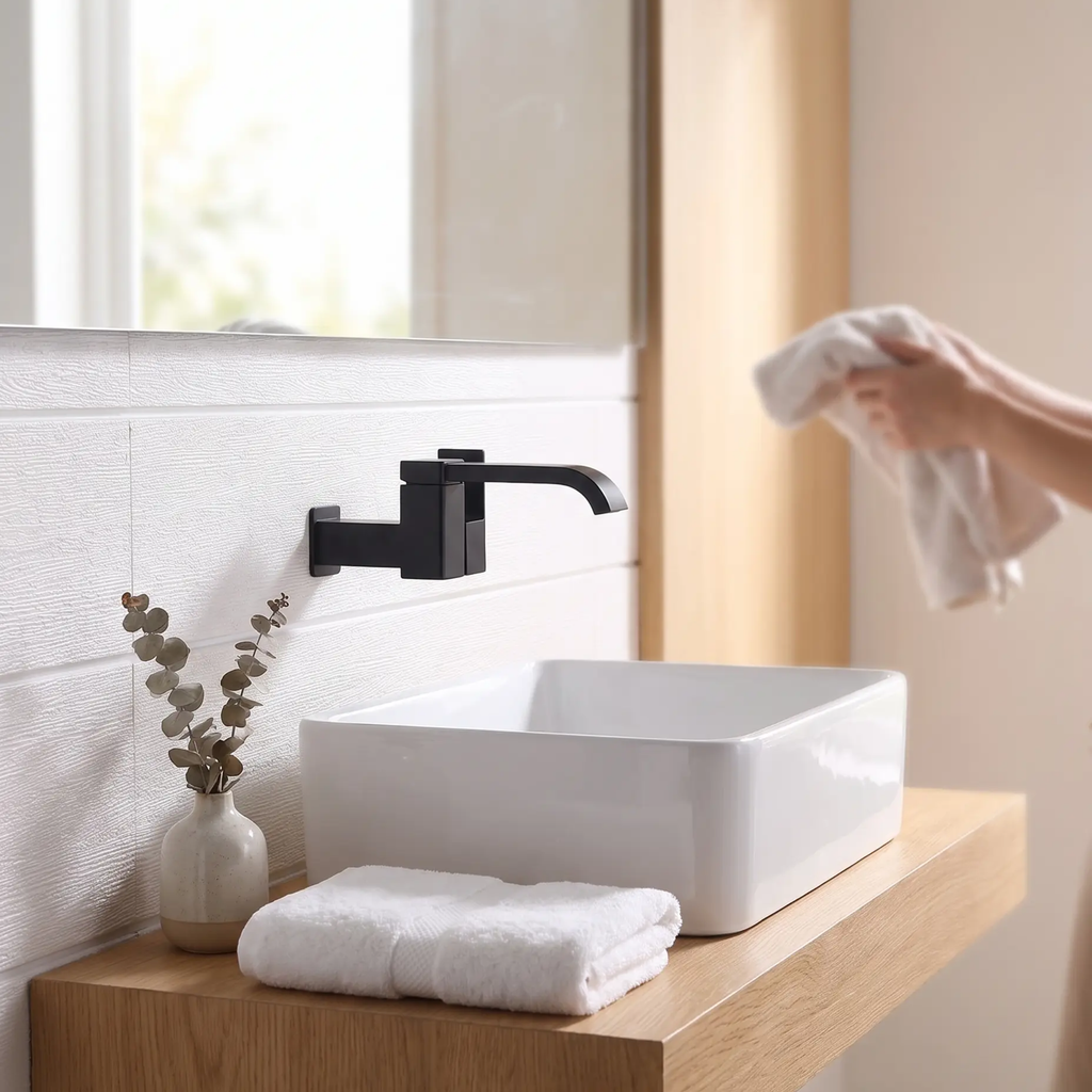 Avtoit | Contemporary Wall Mounted Bathroom Faucet Lever Handles Low Arc Swivel Brass Faucet