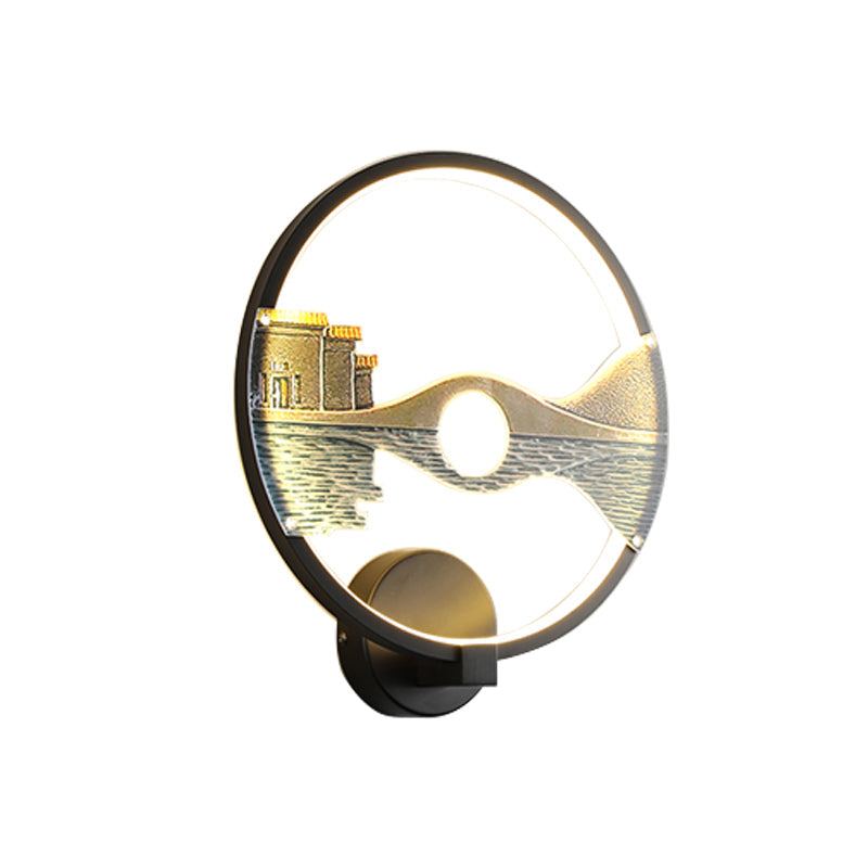 Avtoit | Black/White Round Wall Light LED Acrylic Wall Mount Lamp with Chinese Landscape Pattern, 12 Diameter"