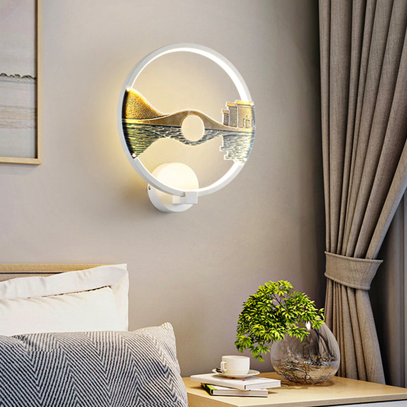 Avtoit | Black/White Round Wall Light LED Acrylic Wall Mount Lamp with Chinese Landscape Pattern, 12 Diameter"