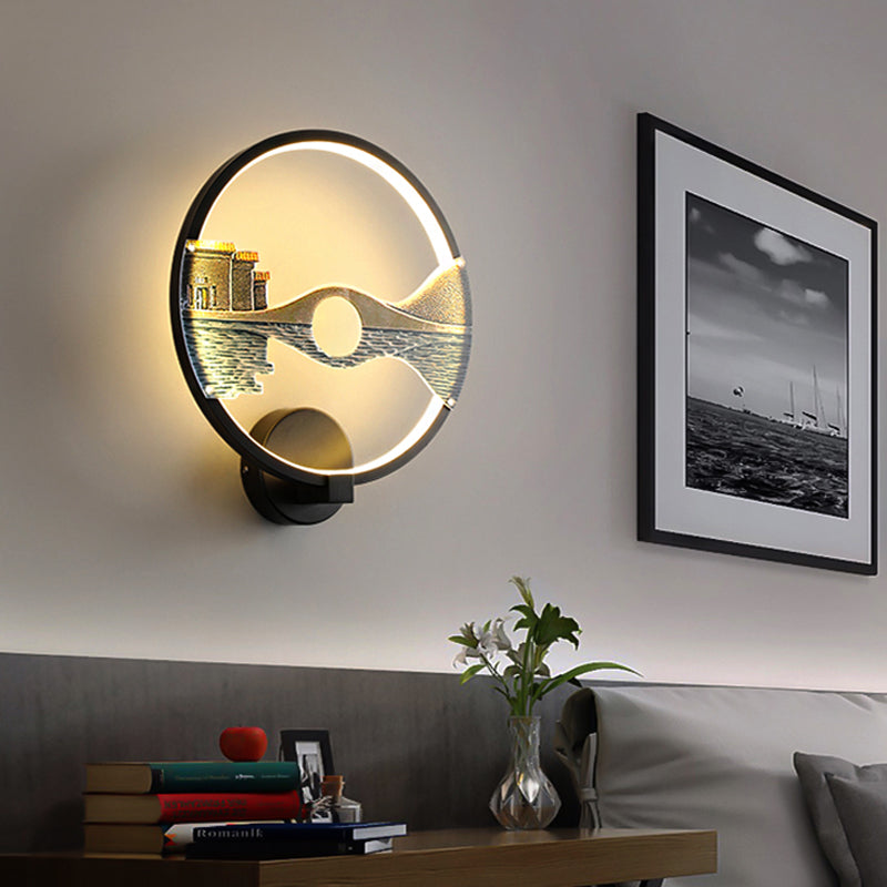 Avtoit | Black/White Round Wall Light LED Acrylic Wall Mount Lamp with Chinese Landscape Pattern, 12 Diameter"